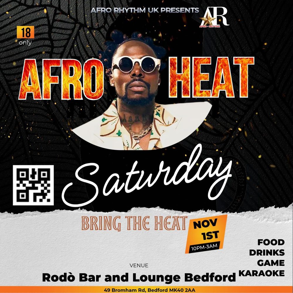 Poster for Afro Heat Saturday, Sat 1 Nov 2025, Rodo Bar & Lounge, Bedford