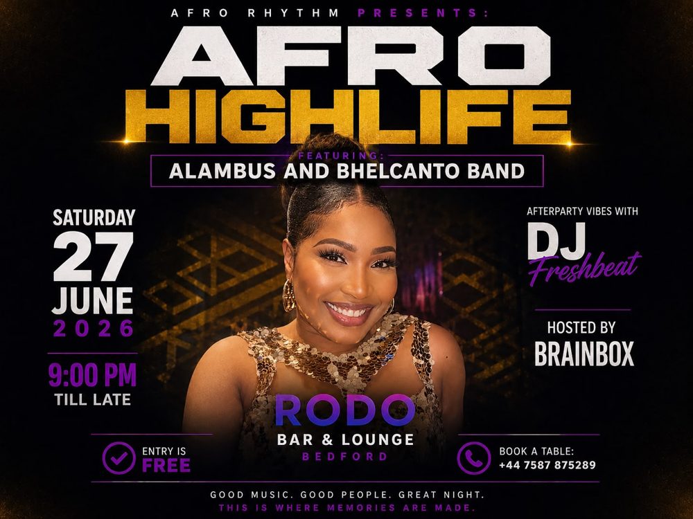 Poster for Afro Highlife, Sat 27 Jun 2026, Rodo Bar & Lounge, Bedford