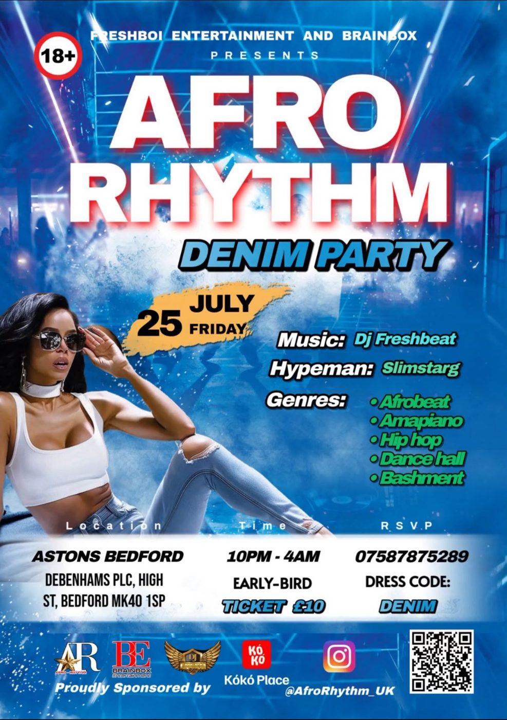 Poster for Afro Rhythm Denim Party, Friday 25 July 2025, Astons Bedford
