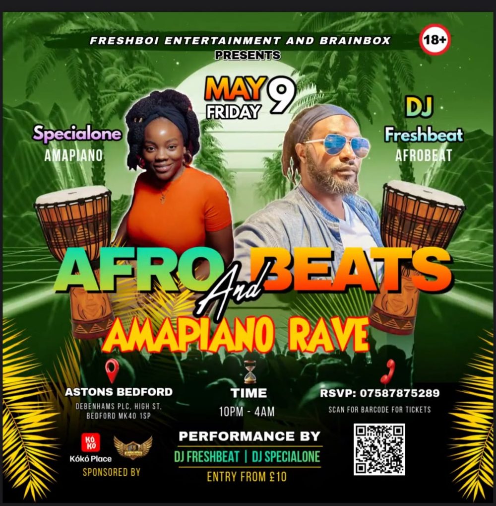 Poster for Afrobeats & Amapiano Rave, Fri 9 May 2025, Astons Bedford