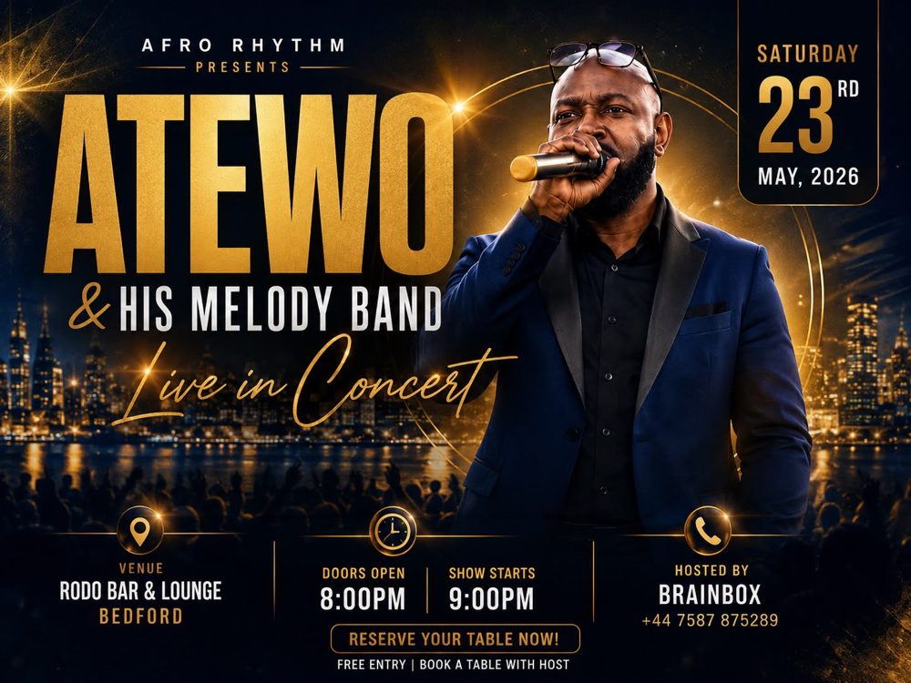 Poster for Atewo & His Melody Band: Live in Concert, Sat 23 May 2026, Rodo Bar & Lounge, Bedford