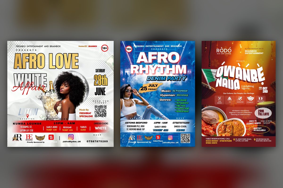 Posters for the White Affair, Denim Party and Ówànbè Naija nights