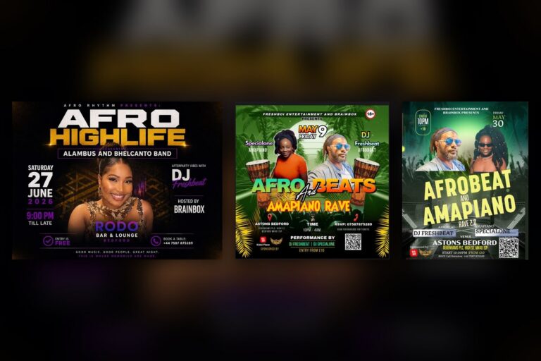 Posters for Afro Highlife and Afrobeat and Amapiano nights