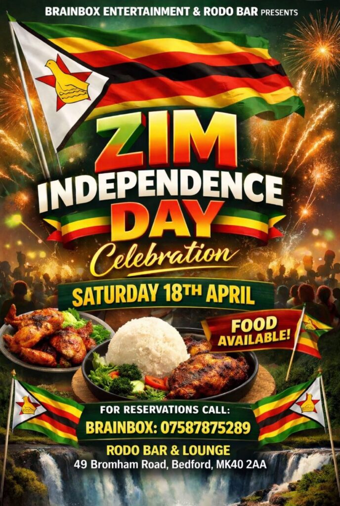 Poster for Zim Independence Day Celebration, Sat 18 Apr 2026, Rodo Bar & Lounge, Bedford